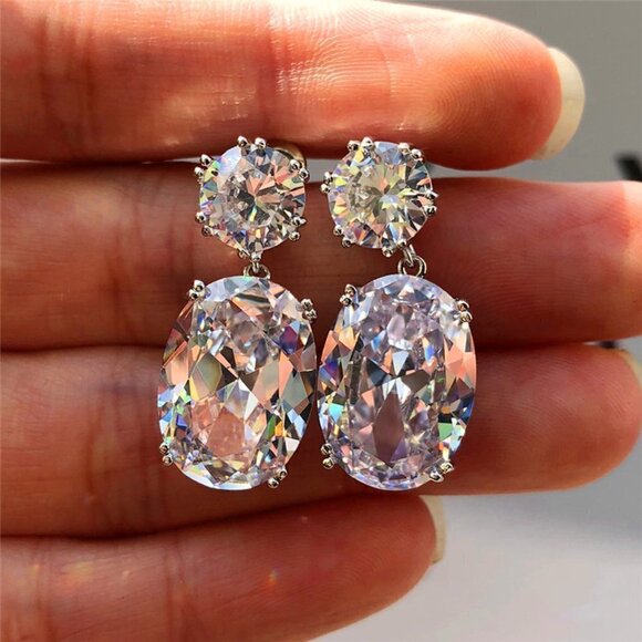 "Shiny Big Oval Zircon Silver Plated Drop Earrings for Women, VP1011 - Picture 1 of 8